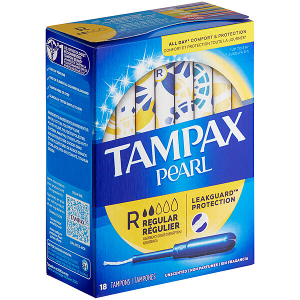 A blue and yellow box of Tampax Pearl tampons with white and blue accents.