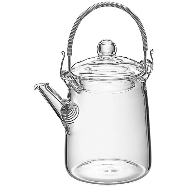 A Hario glass teapot with a handle and lid.