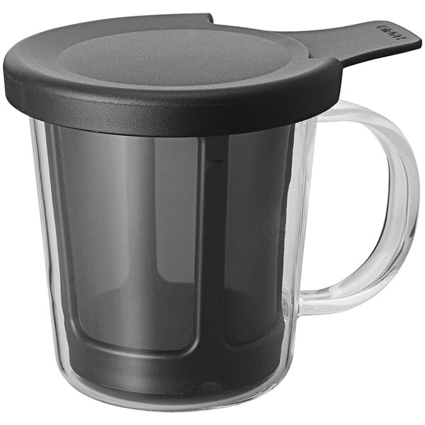 A clear glass Hario coffee cup with a black lid.