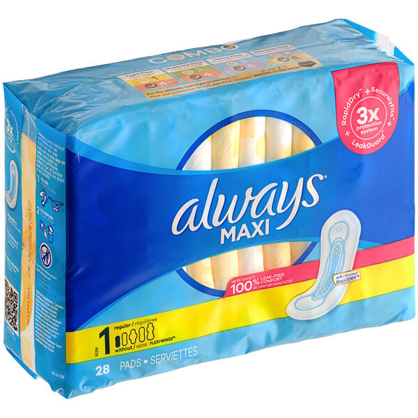 A white package of 12 Always Maxi unscented menstrual pads with wings.