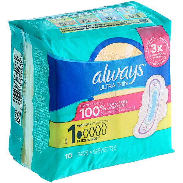 A case of 10 packages of Always Ultra Thin 10-count unscented menstrual pads with wings.