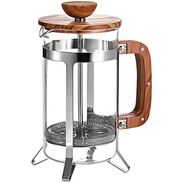 A Hario glass coffee press with wooden accents.