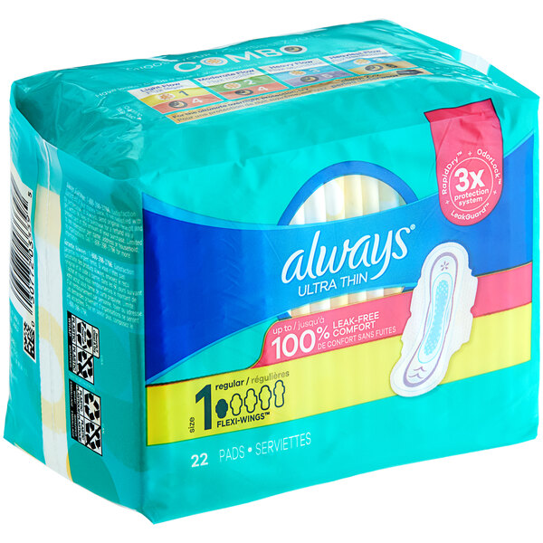 A white and purple package of 22 Always Ultra Thin unscented menstrual pads with wings.