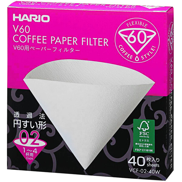 A box of 40 white Hario V60 coffee filters.