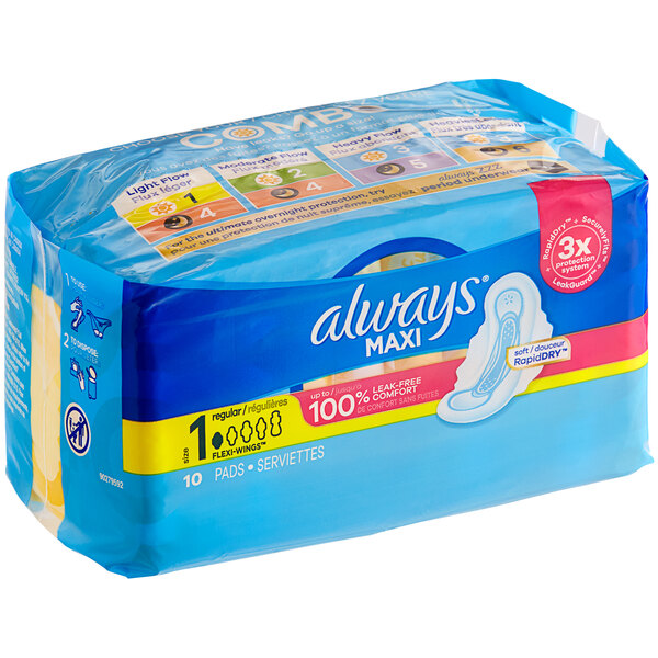 A blue package of 10 unscented Always Maxi menstrual pads with wings.