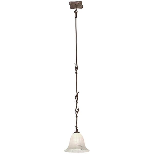 A Kalco Vine mini pendant light with a white glass shade hanging from a rope above a table.