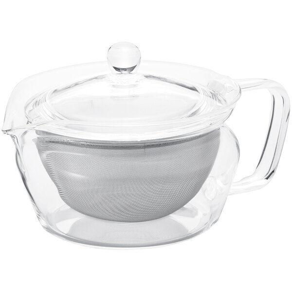 A Hario glass teapot with a strainer and lid.