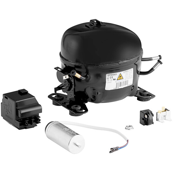 An Embraco black compressor for refrigeration with parts.
