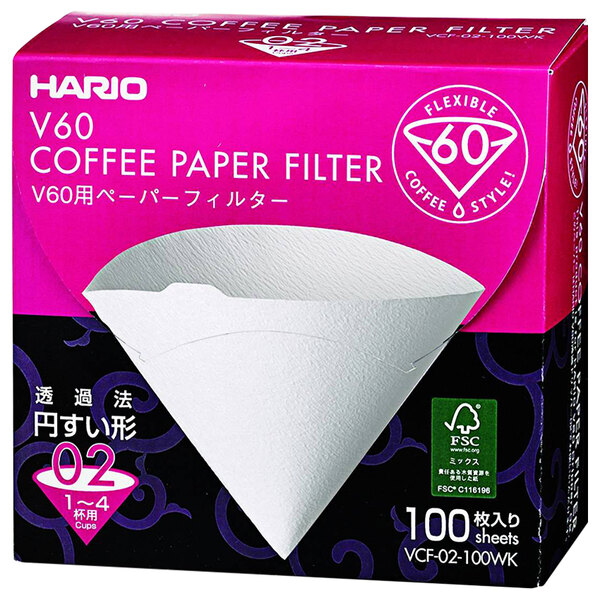 A pink and purple box of white Hario V60 coffee filters.