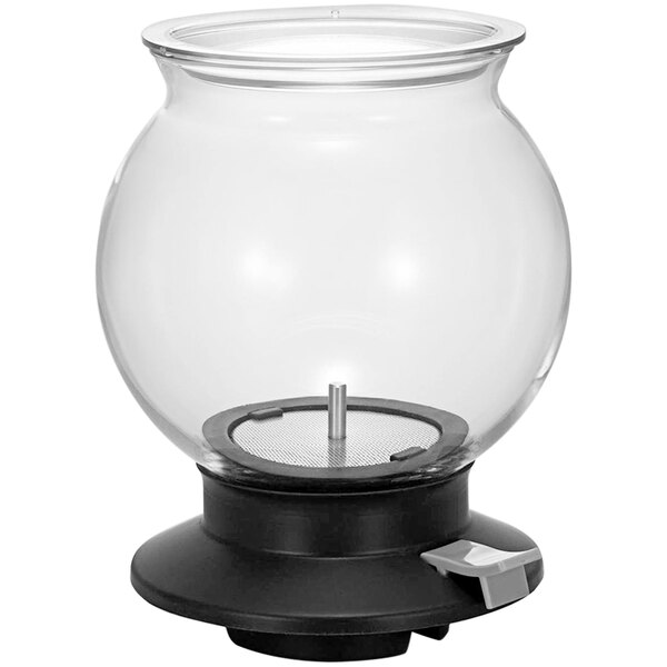 A round glass tea dripper with a black base.
