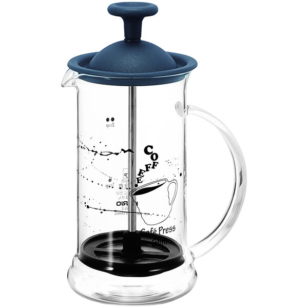 A Hario glass coffee press with a black handle and blue lid.
