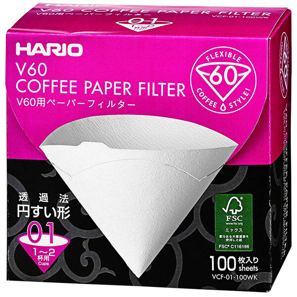 A box of 100 white Hario V60 coffee filter papers.
