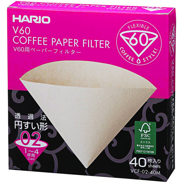 A box of 40 Hario V60 natural paper coffee filters.