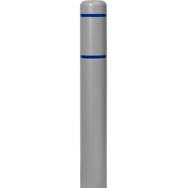 An Innoplast grey bollard cover with blue reflective stripes on a cylindrical object.