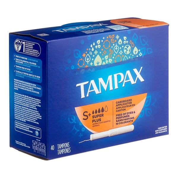 A blue box of 12 Tampax Super Plus unscented tampons with cardboard applicators.