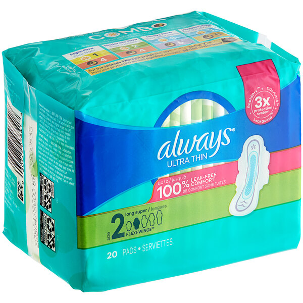 A white and purple package of 20 Always Ultra Thin Long Super Unscented Menstrual Pads with Wings.