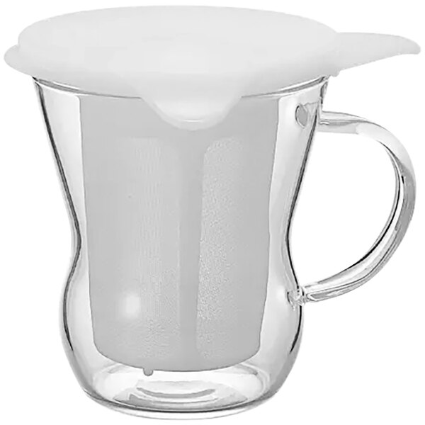A Hario glass tea infuser with a white lid.