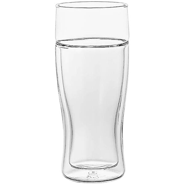 A clear Hario Twin double wall pub glass on a white background.