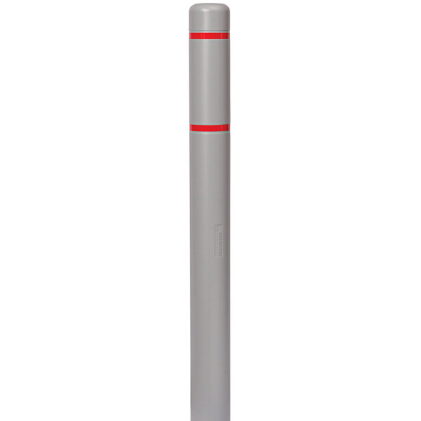 A grey Innoplast bollard cover with red stripes.