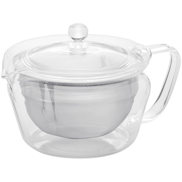 A clear glass teapot with a lid.