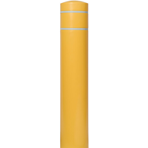 A yellow cylindrical Innoplast BollardGard with white reflective stripes.