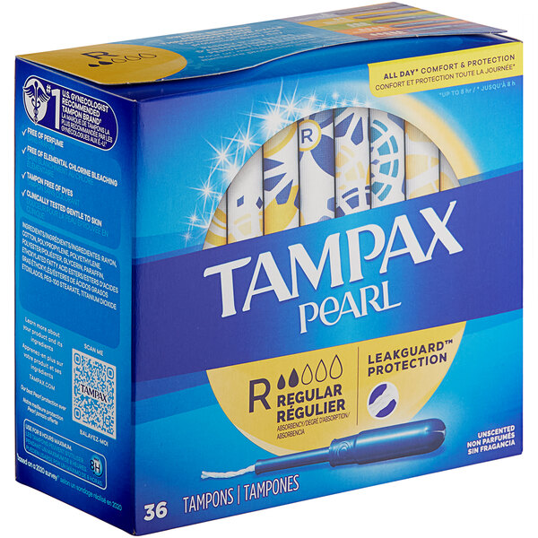 A blue and white box of Tampax Pearl tampons with a yellow and white logo.