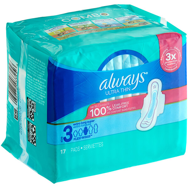 A package of 6 Always Ultra Thin 17-count unscented menstrual pads.