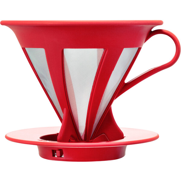 A red Hario Cafeor coffee dripper with a white filter.