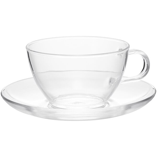 A Hario clear glass tea cup and saucer.