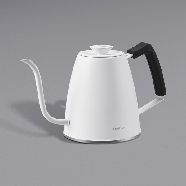 A white Hario Smart Drip Kettle with a black handle.