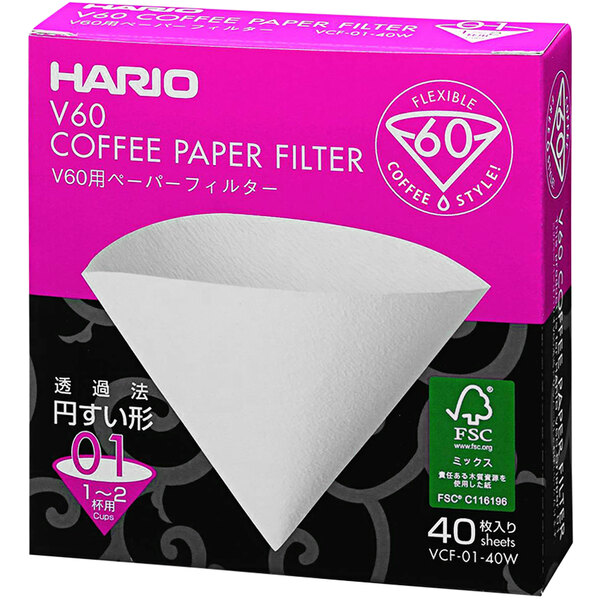 A white box of 40 Hario V60 paper coffee filters.