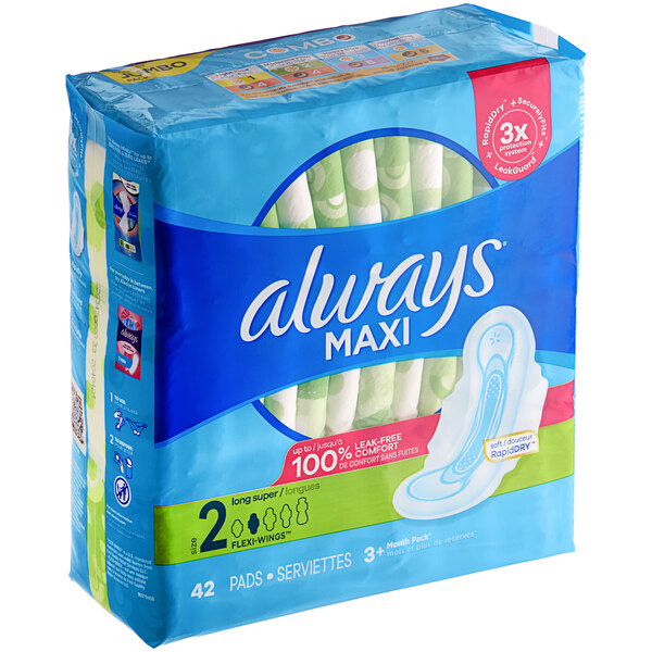 A package of 42 Always Maxi unscented long super menstrual pads.