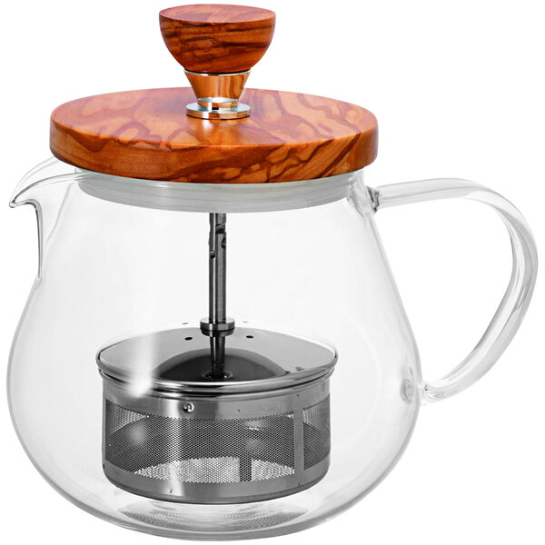 A Hario glass teapot with wooden lid and pull-up infuser.