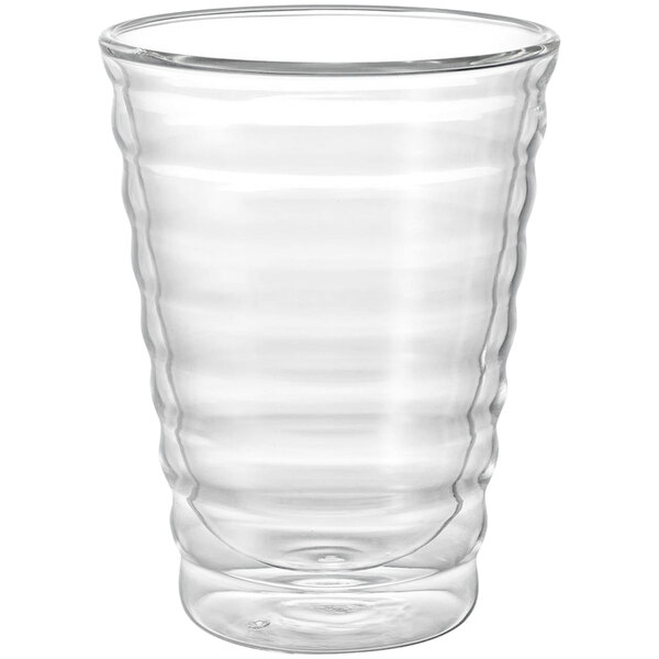 A clear glass Hario V60 mug with a curved edge.