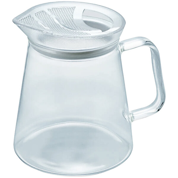 A clear glass Hario teapot with a handle and Tritan infuser.
