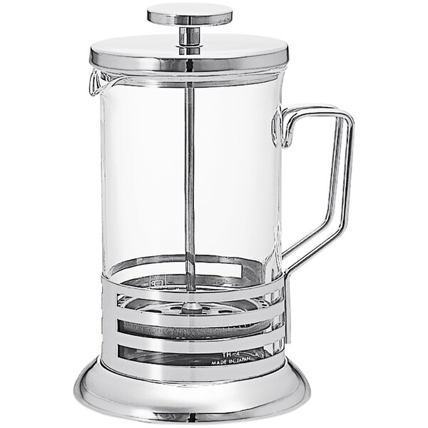 A glass and stainless steel Hario French press.