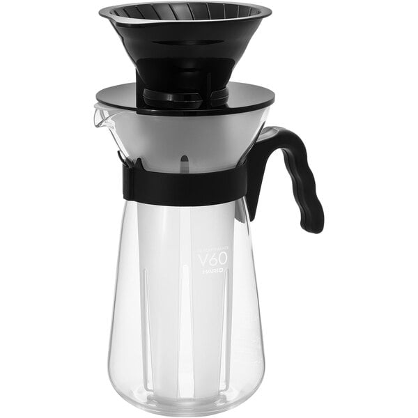 A black Hario V60 glass iced coffee maker with a clear glass container.