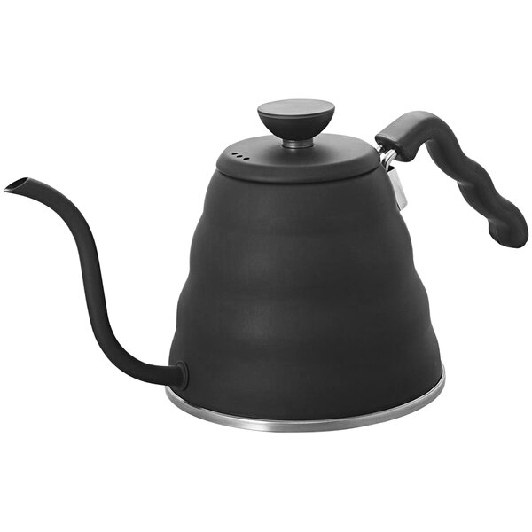 A black stainless steel Hario V60 drip kettle with a long handle.