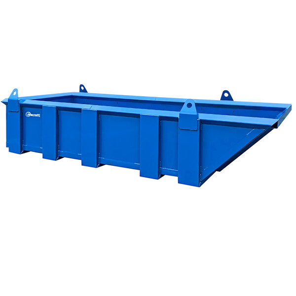 A blue Jescraft trash skip container with metal hoisting lugs.