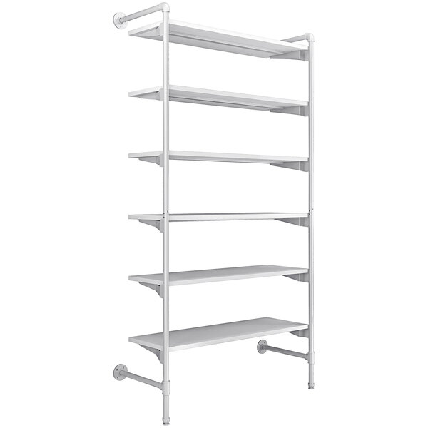 An Econoco white outrigger kit with metal legs and 6 white shelves.