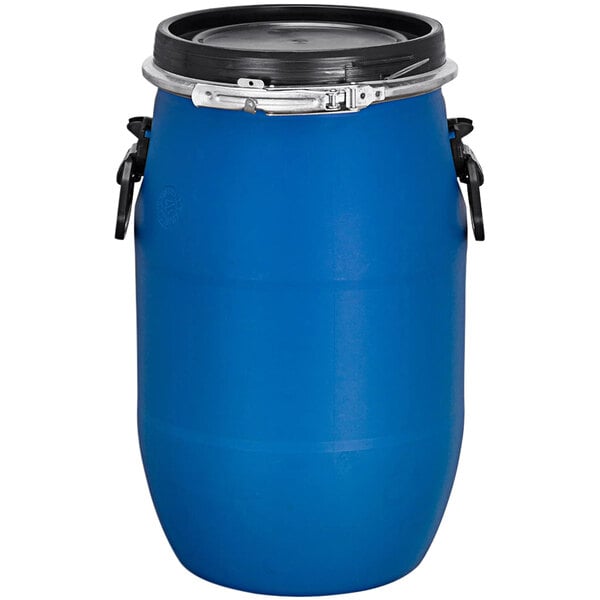 A blue Jescraft open head barrel with black lid and handles.