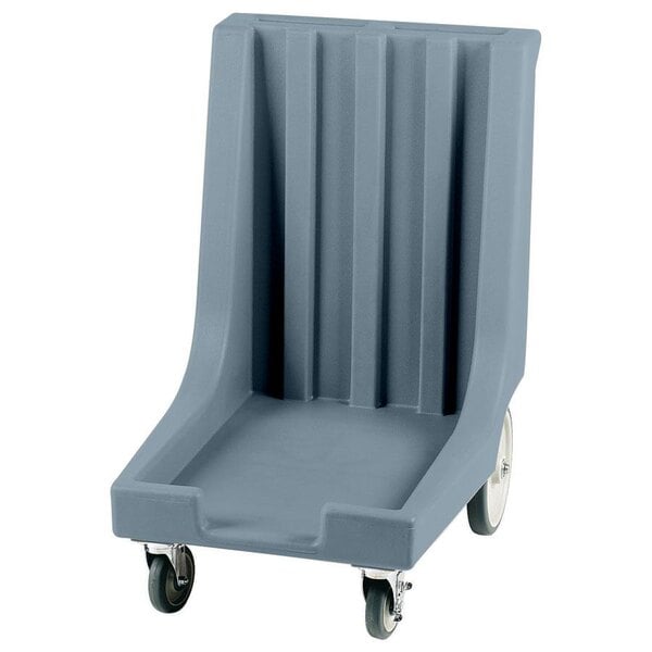 A slate blue Cambro dish cart with wheels.