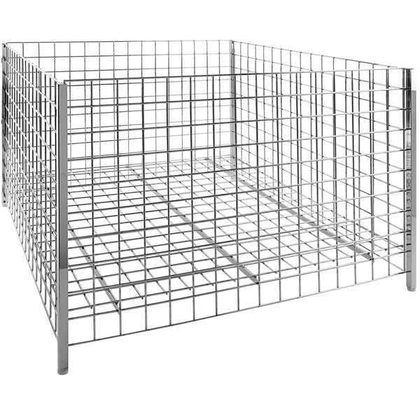 A chrome wire cage for retail with a white background.