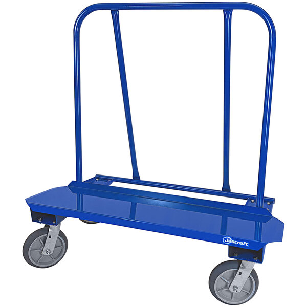 A blue Jescraft drywall cart with wheels.