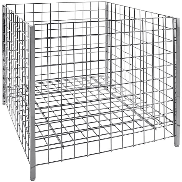 A chrome wire mesh cage on a white background.