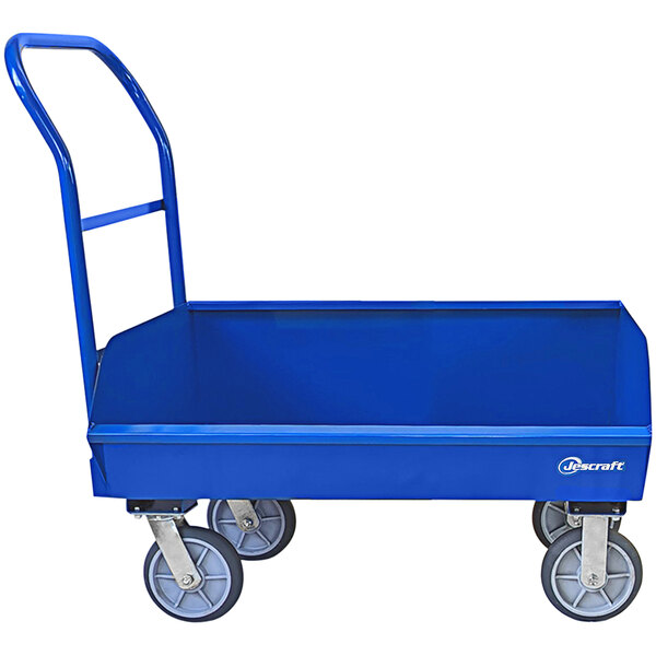 A blue Jescraft low profile chip cart with wheels and push handle.