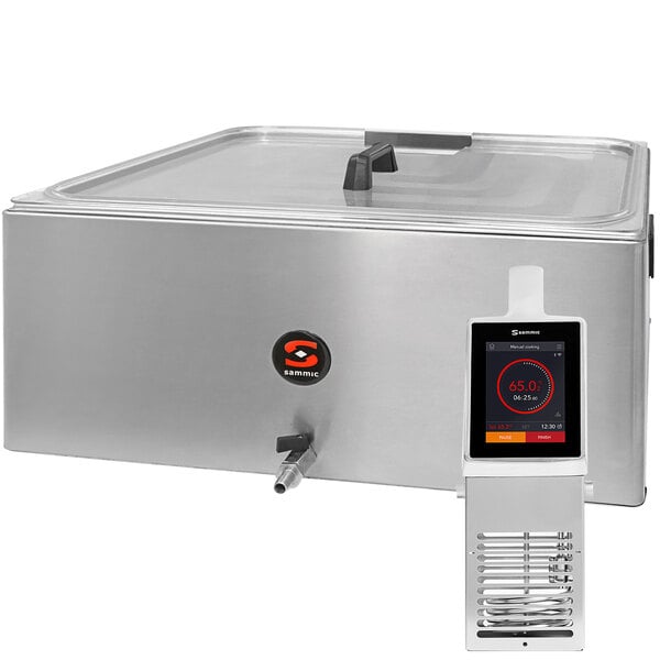 A Sammic SmartVide X sous vide immersion circulator with a stainless steel tank and lid on a counter.