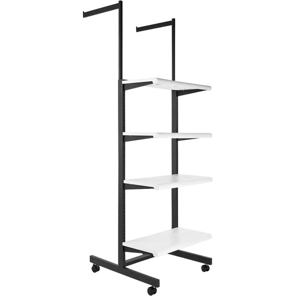 A black and white mobile cross-merchandiser with shelves and hang rails on wheels.