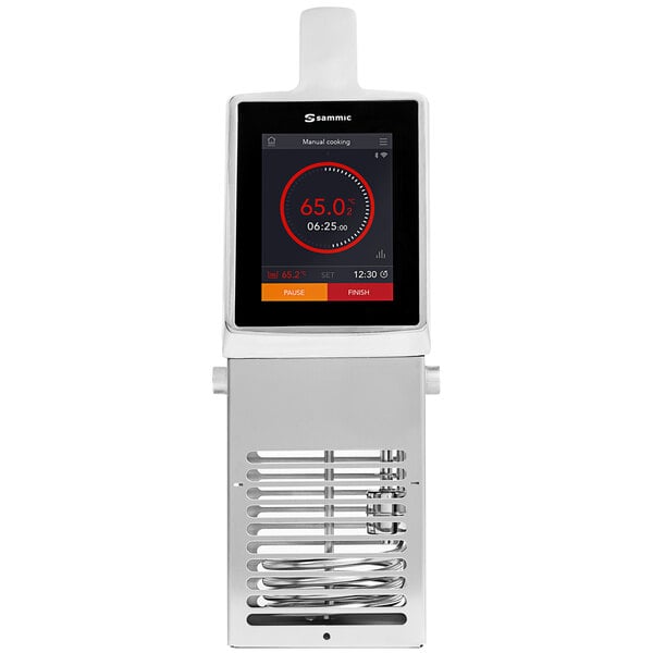 A white Sammic SmartVide X sous vide immersion circulator head with a screen on it.
