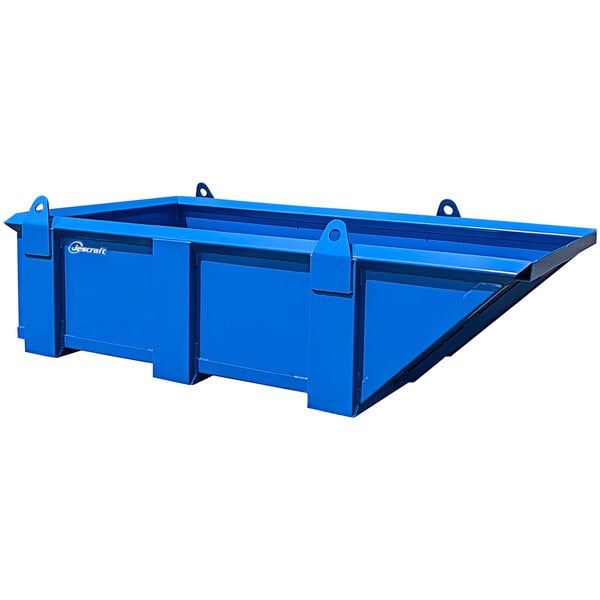 A blue Jescraft trash skip container with 4-point hoisting lugs.
